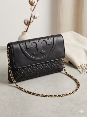 Tory Burch Black Quilted Leather Flap Shoulder Bag with Gold Chain